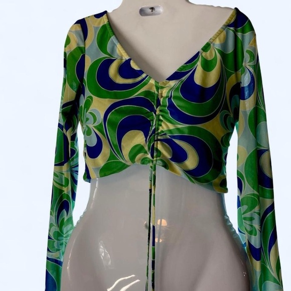 Princess Polly Green blue and yellow Ruched tie front detail  Crop Top 6 - Picture 2 of 4